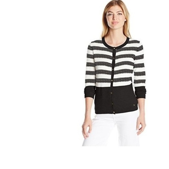 Calvin Klein Black & White Cardigan Gold Buttons L - Picture 1 of 7
